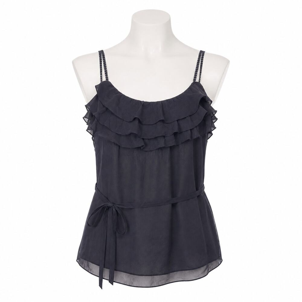 JOHNNY MARTIN Women M Black tiered ruffle Chiffon Top Whimsigoth Flowy Tie Waist